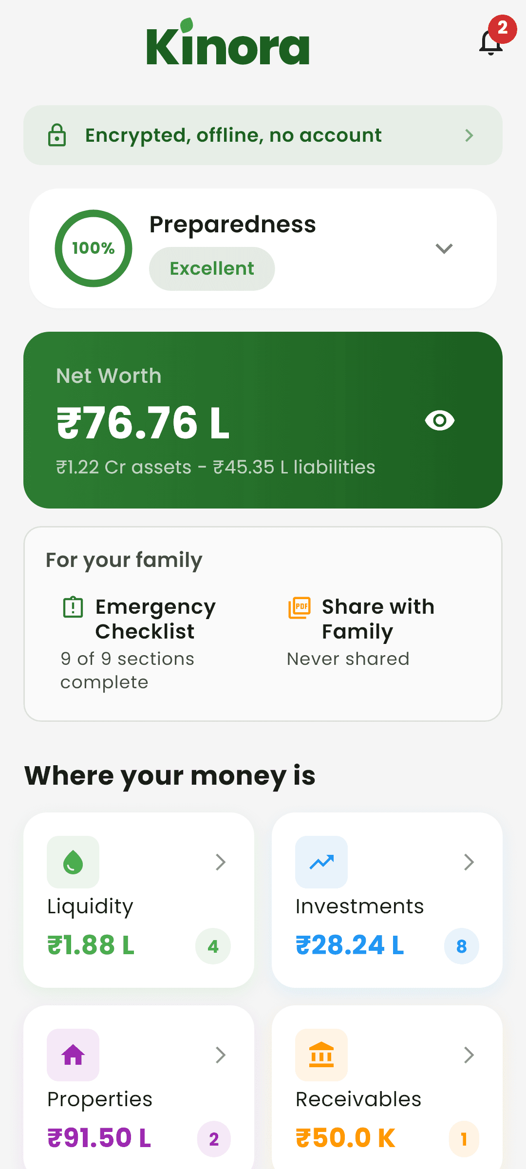 The Kinora dashboard: preparedness score, net worth, and asset categories