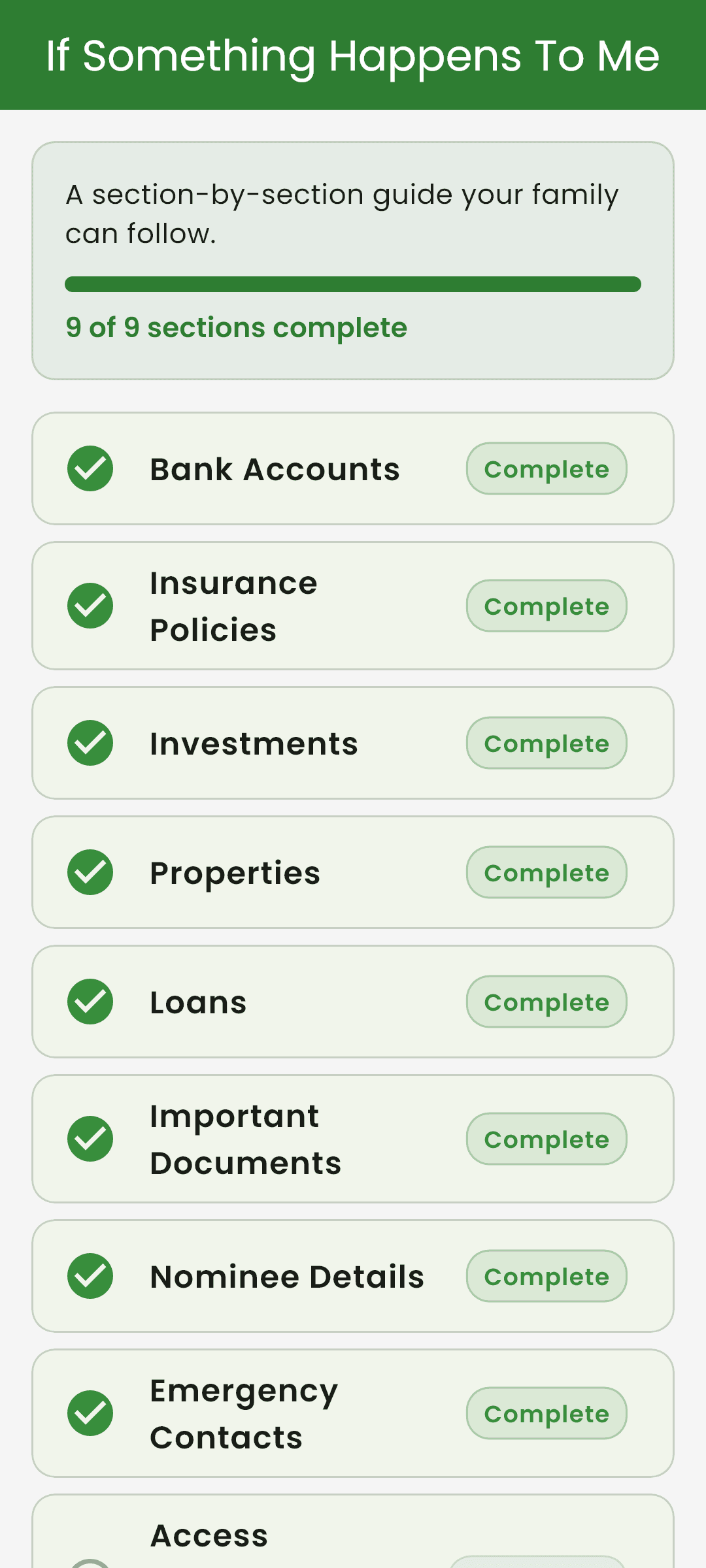 Kinora's emergency checklist, with nine sections auto-checked from the vault